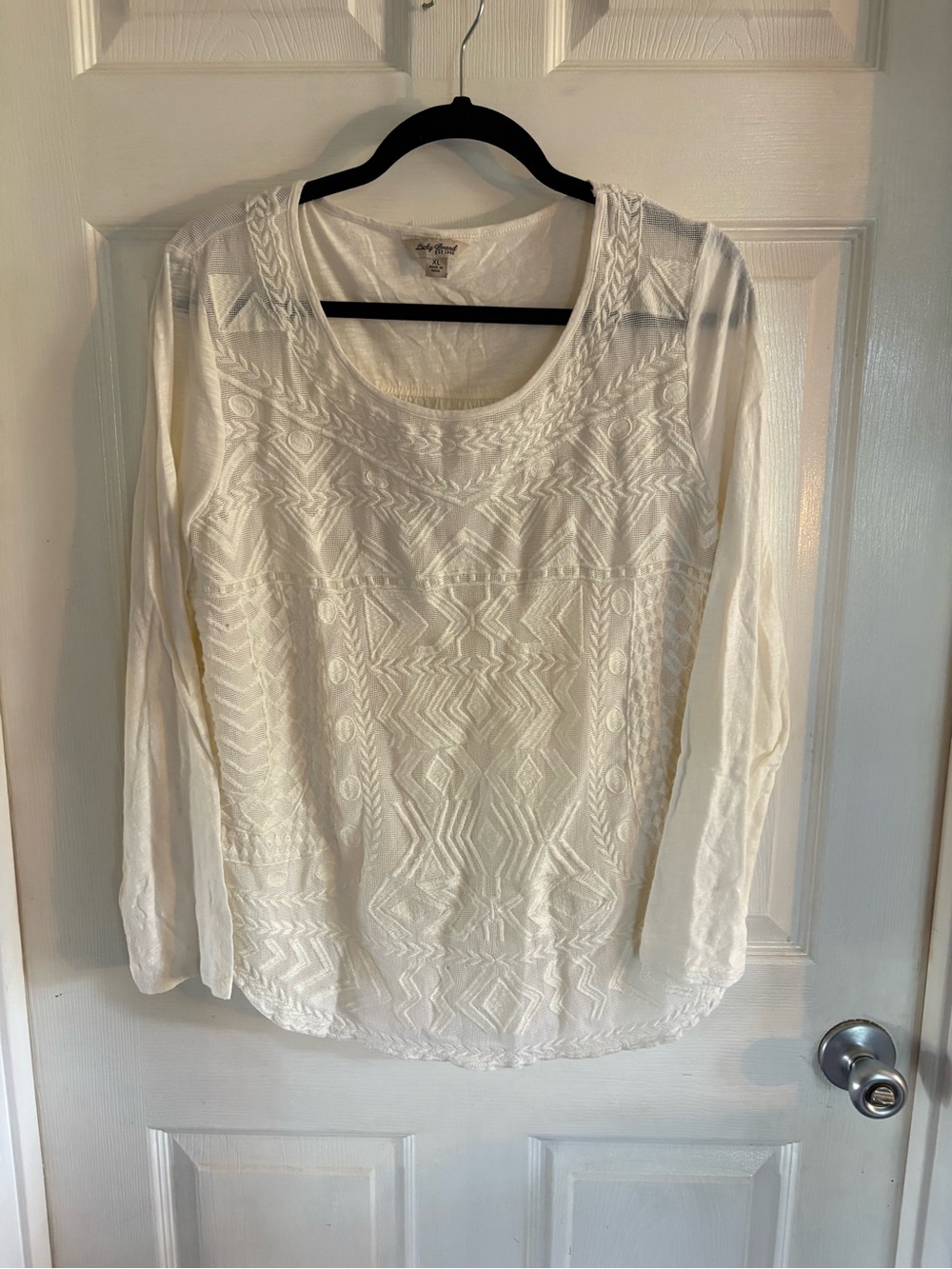 Ladies knit Lucky Brand cream lace Embroidered XL Peasant Top Boho Bohemian
